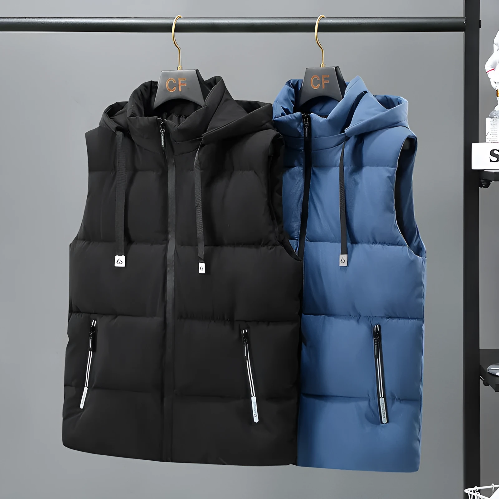 Men's solid colour thickened polyester vest with a removable hood, shown in blue.