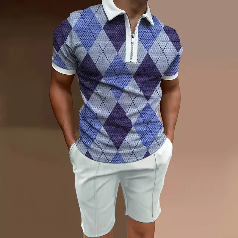 Men's casual printed short sleeve top and matching shorts two-piece set in various colours.
