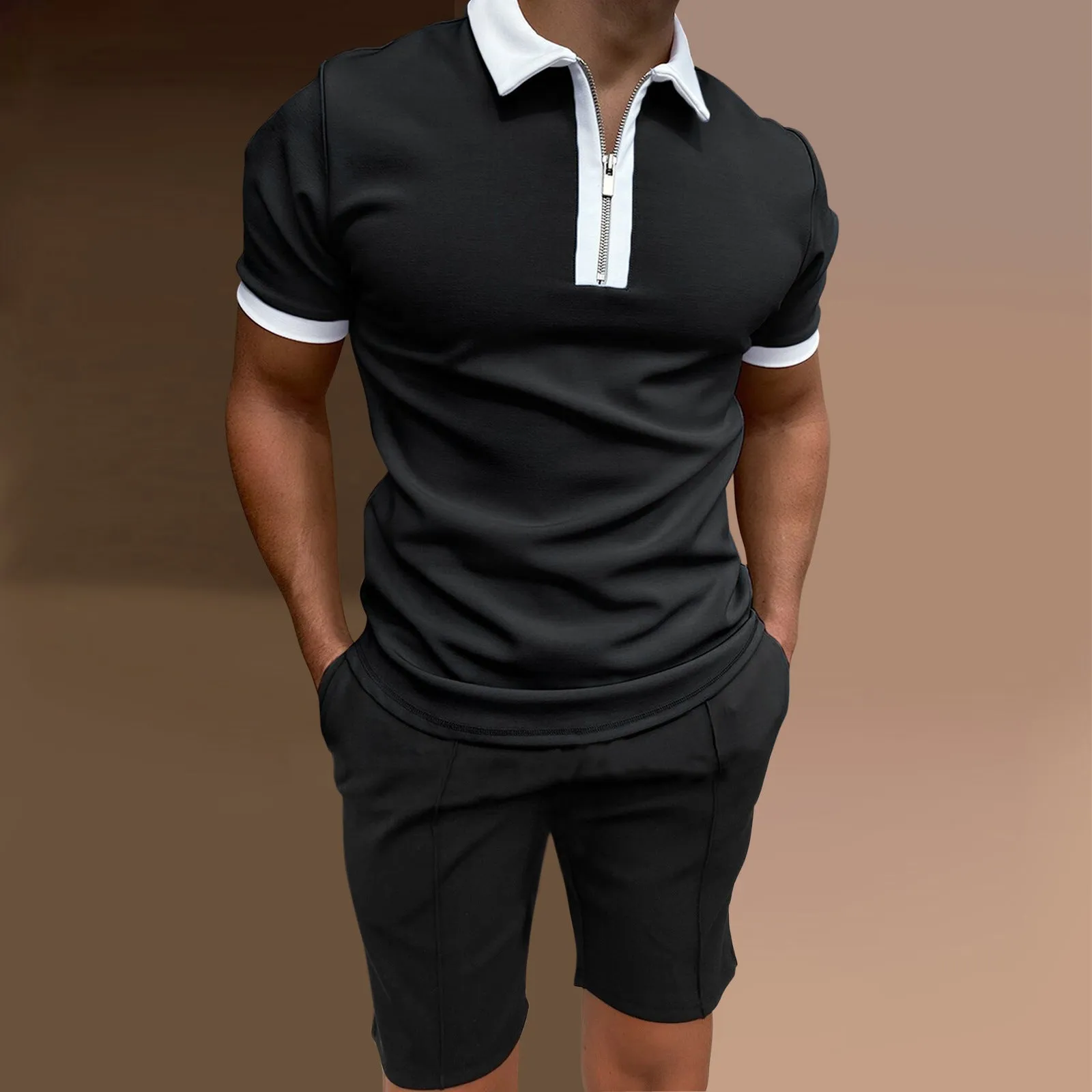 Men's casual printed short sleeve top and matching shorts two-piece set in various colours.