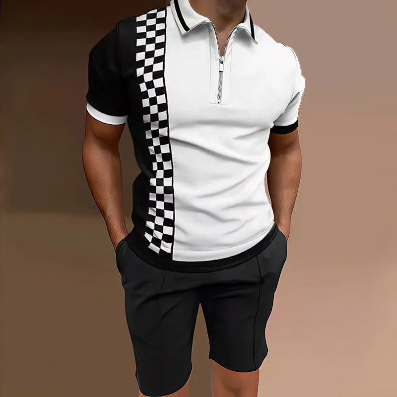 Men's casual printed short sleeve top and matching shorts two-piece set in various colours.