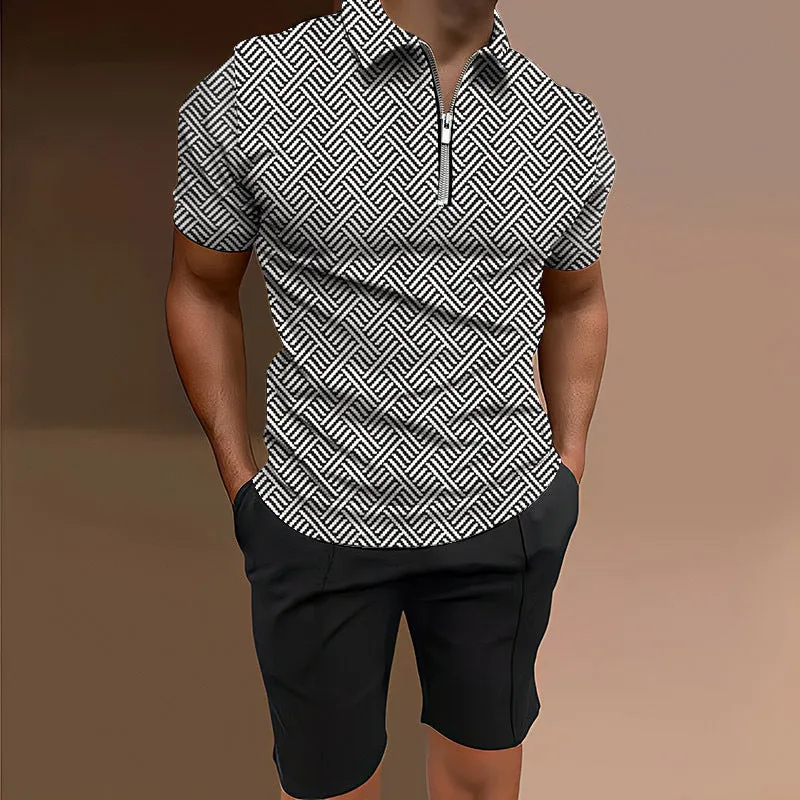 Men's casual printed short sleeve top and matching shorts two-piece set in various colours.