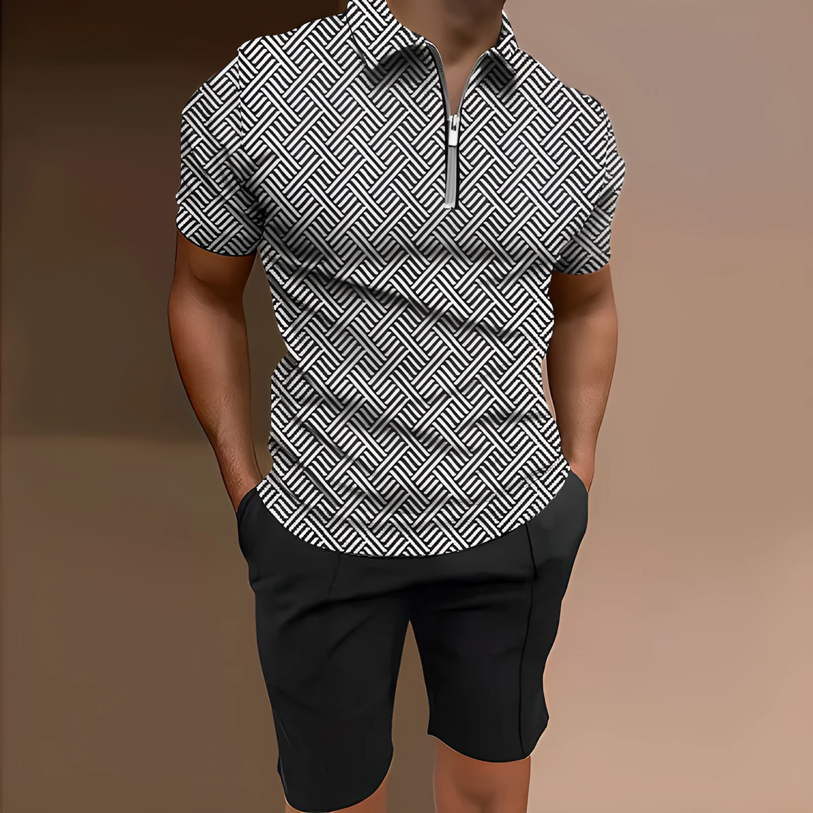 Men's casual printed short sleeve top and matching shorts two-piece set in various colours.