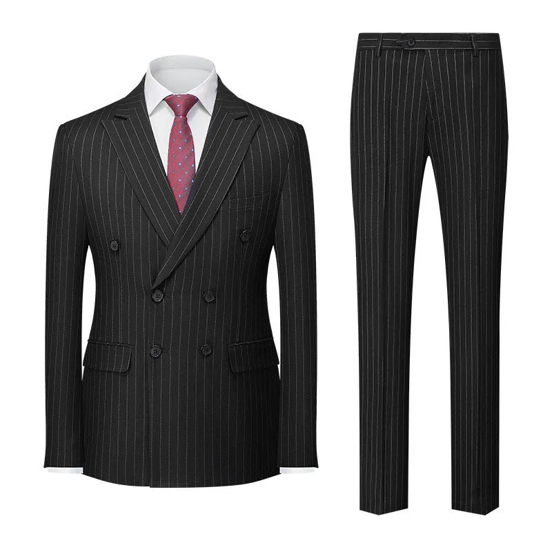 Men's slim fit double-breasted suit jacket and trousers in a choice of six colours.
