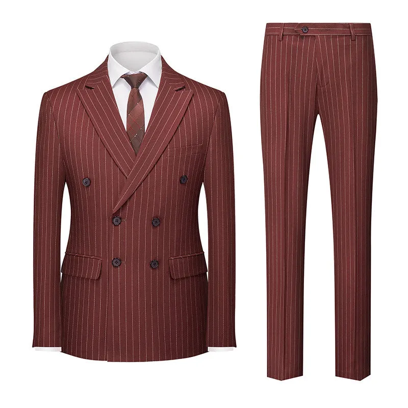 Men's slim fit double-breasted suit jacket and trousers in a choice of six colours.