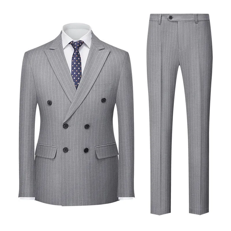 Men's slim fit double-breasted suit jacket and trousers in a choice of six colours.