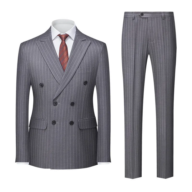 Men's slim fit double-breasted suit jacket and trousers in a choice of six colours.