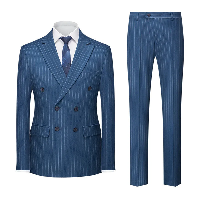 Men's slim fit double-breasted suit jacket and trousers in a choice of six colours.