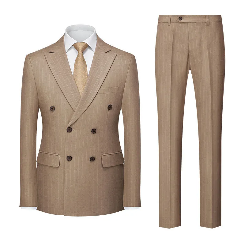 Men's slim fit double-breasted suit jacket and trousers in a choice of six colours.