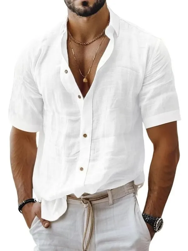 Men's short sleeve lapel shirt in light green, shown in a cardigan style with a casual fit.