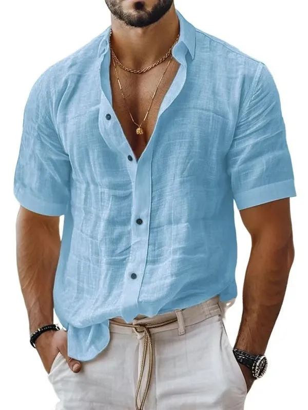 Men's short sleeve lapel shirt in light green, shown in a cardigan style with a casual fit.