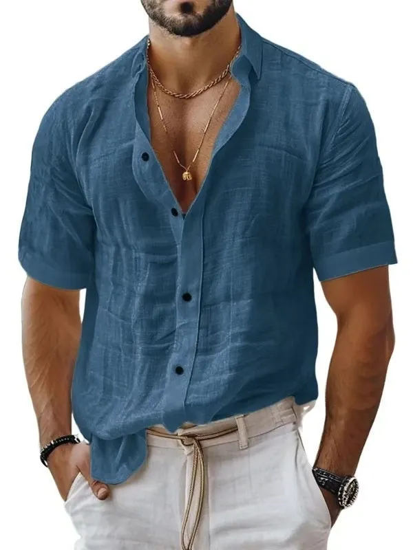 Men's short sleeve lapel shirt in light green, shown in a cardigan style with a casual fit.