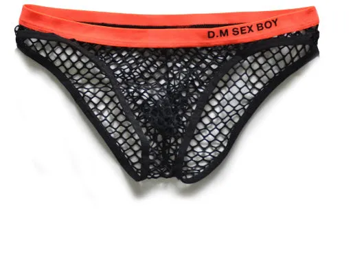Large men's mesh briefs in black with personalised lettering on the waistband.