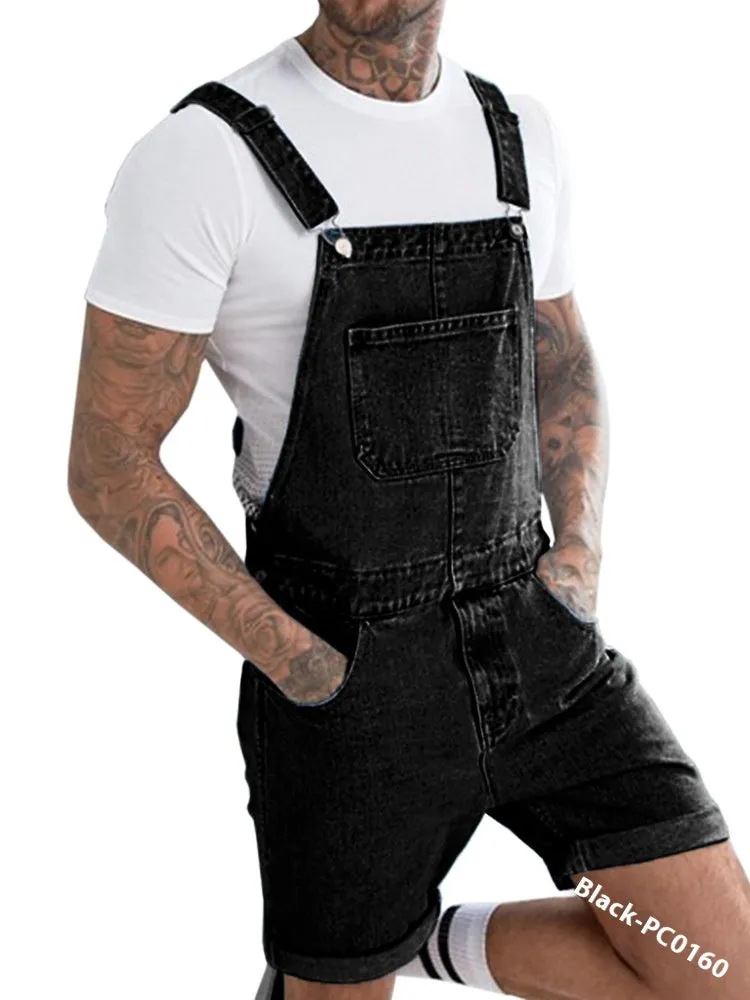 Mid-waist denim suspender shorts with elastic fabric and zipper fly in three colour options