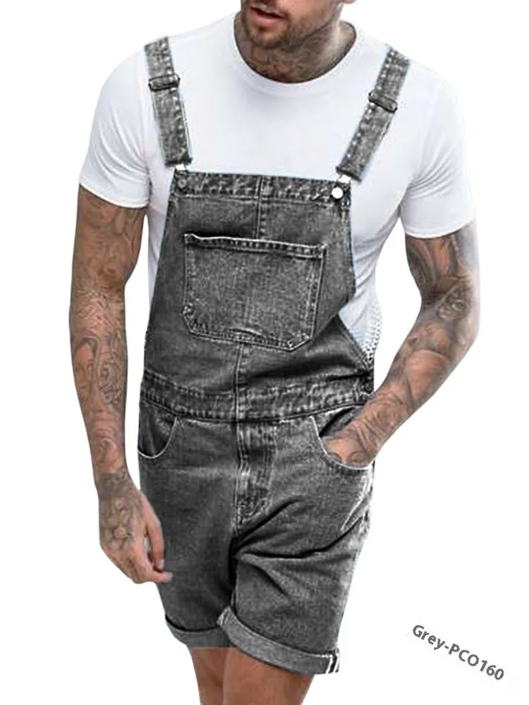 Mid-waist denim suspender shorts with elastic fabric and zipper fly in three colour options