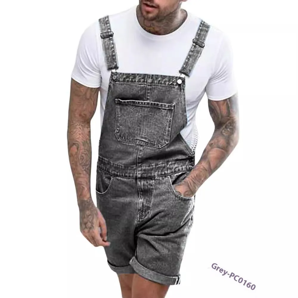 Mid-waist denim suspender shorts with elastic fabric and zipper fly in three colour options