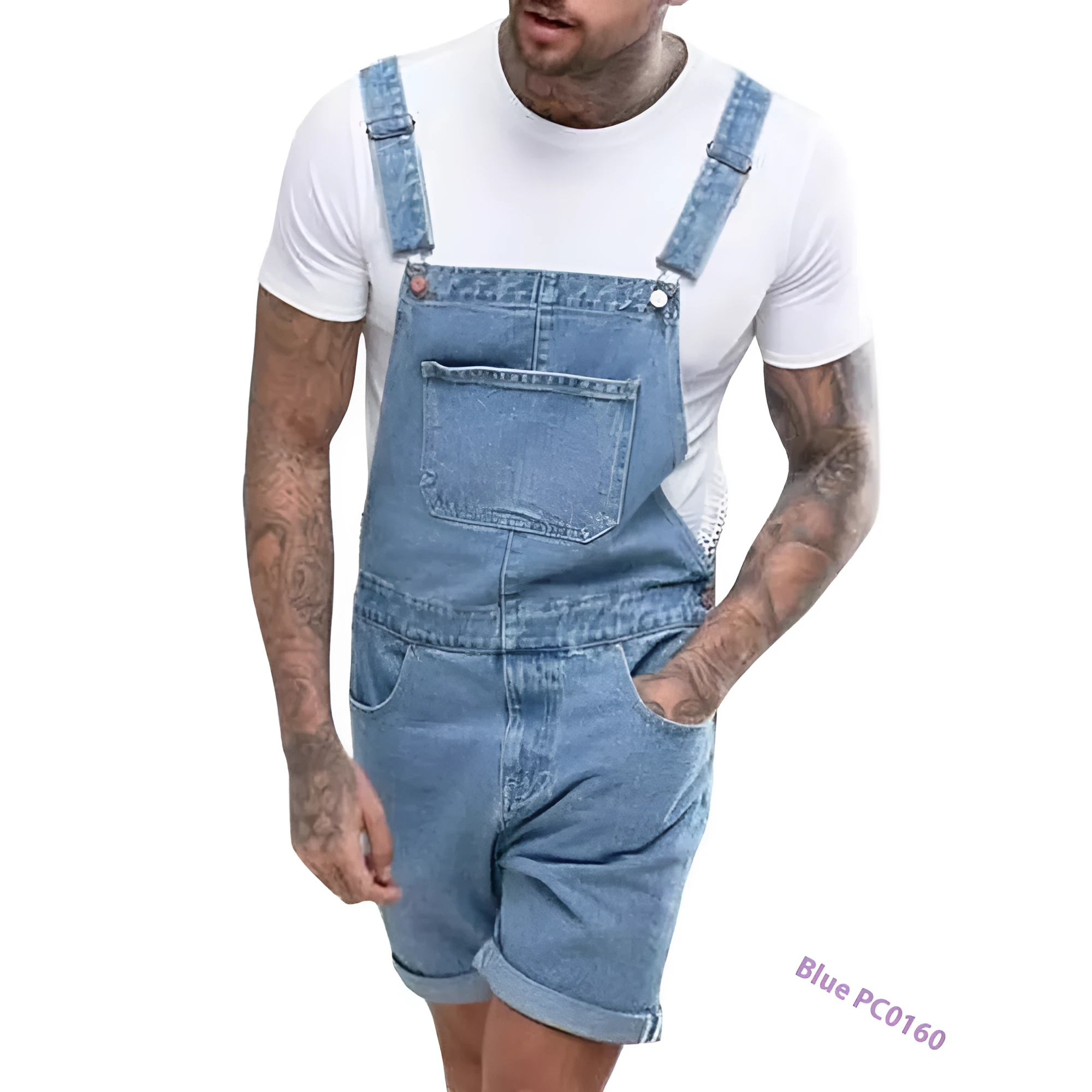Mid-waist denim suspender shorts with elastic fabric and zipper fly in three colour options