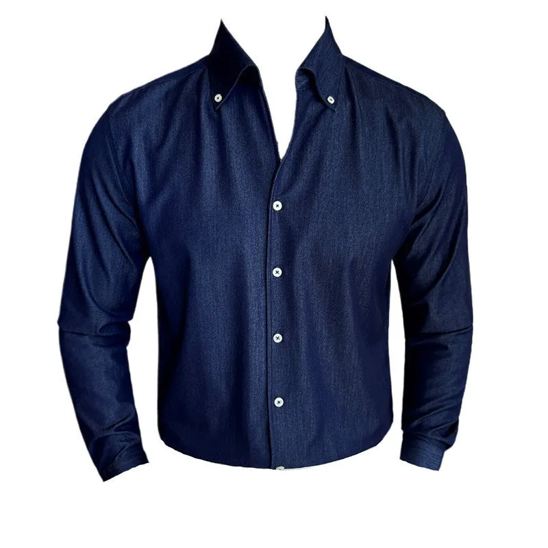 Men's slim fit long-sleeved denim shirt in solid colour for business and leisure wear