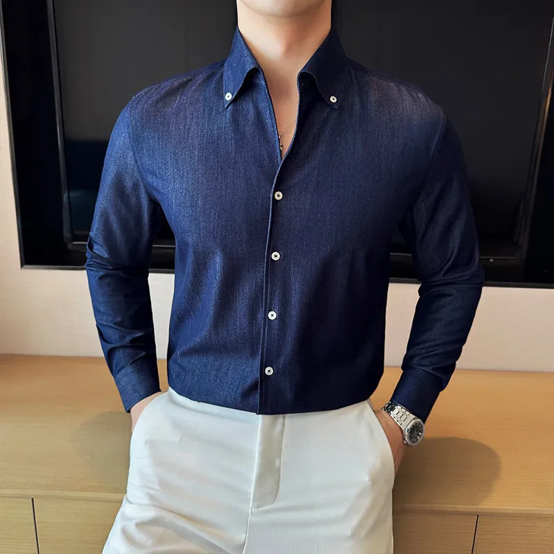 Men's slim fit long-sleeved denim shirt in solid colour for business and leisure wear