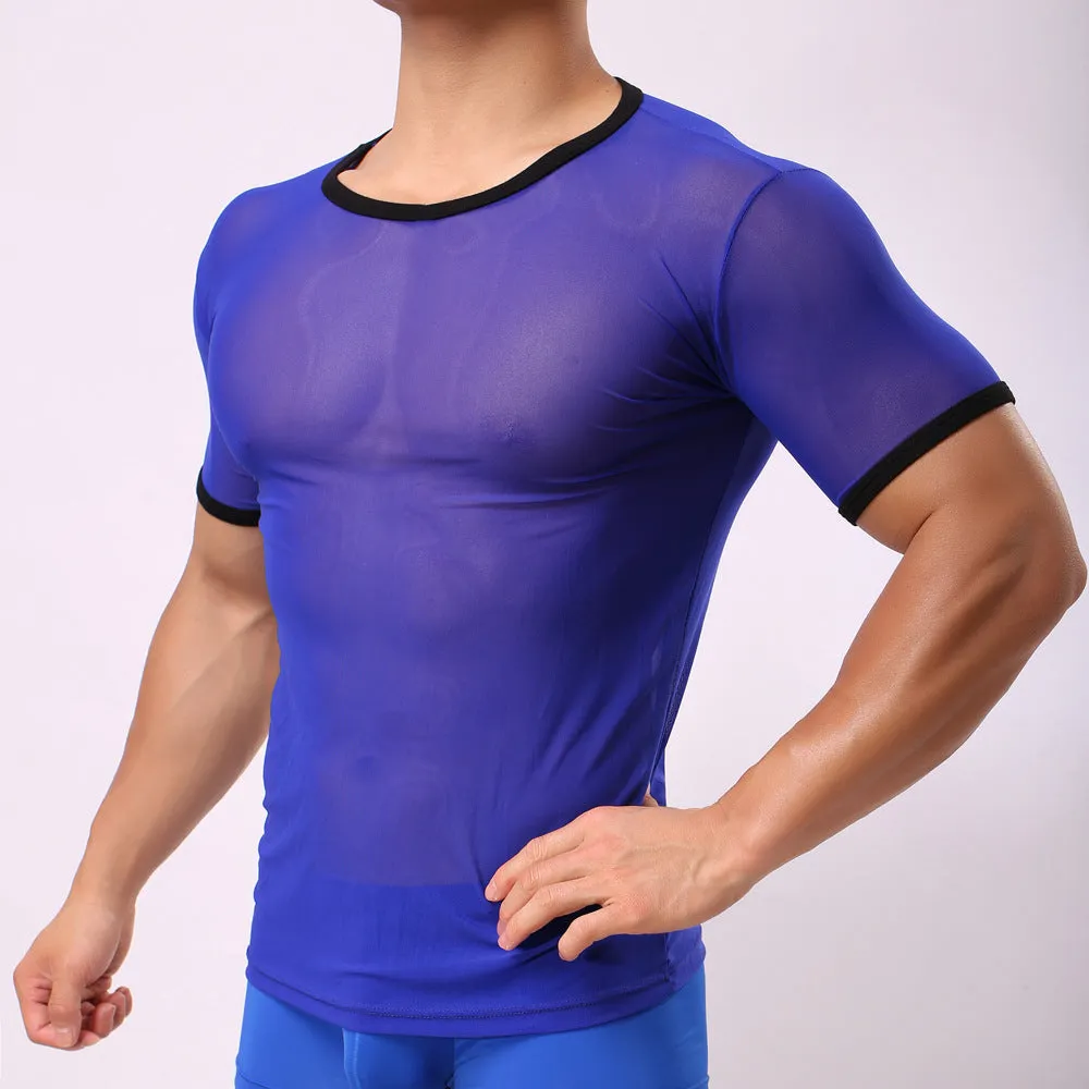 Man wearing a slim fit, translucent mesh t-shirt in a solid colour.