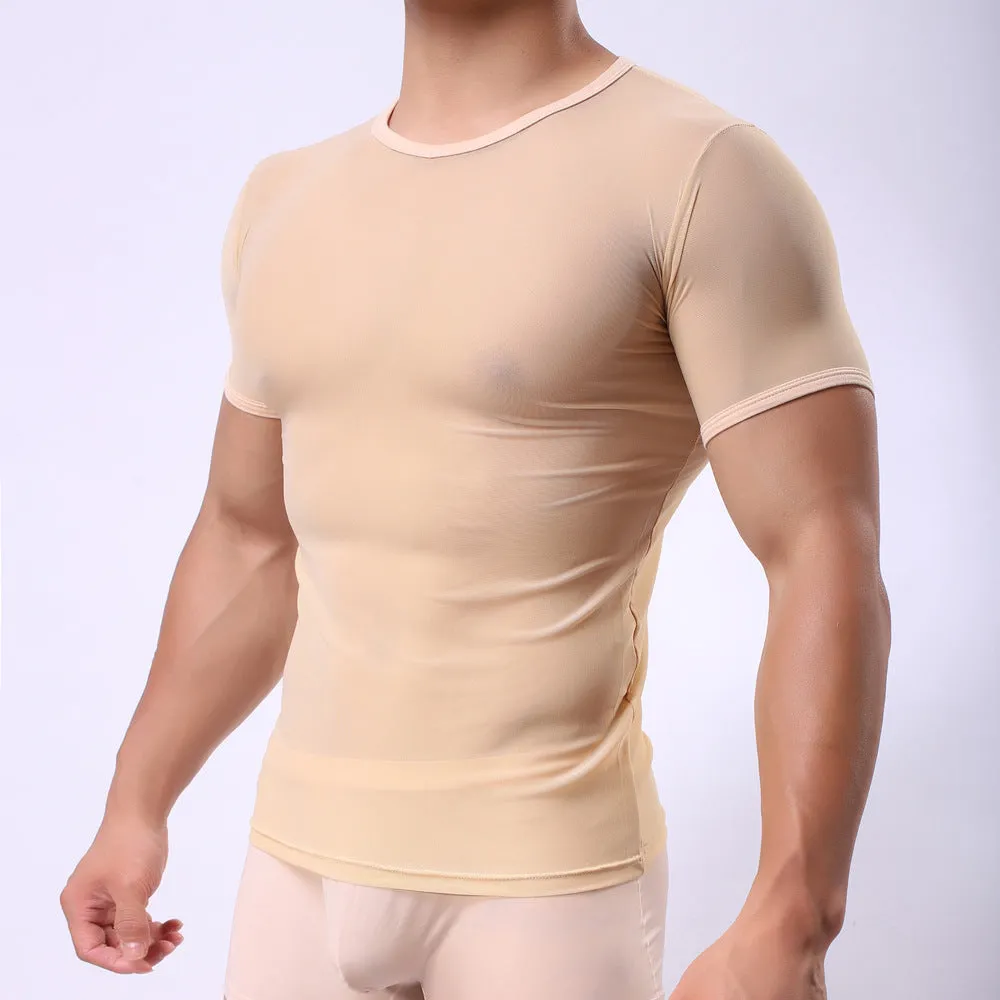 Man wearing a slim fit, translucent mesh t-shirt in a solid colour.