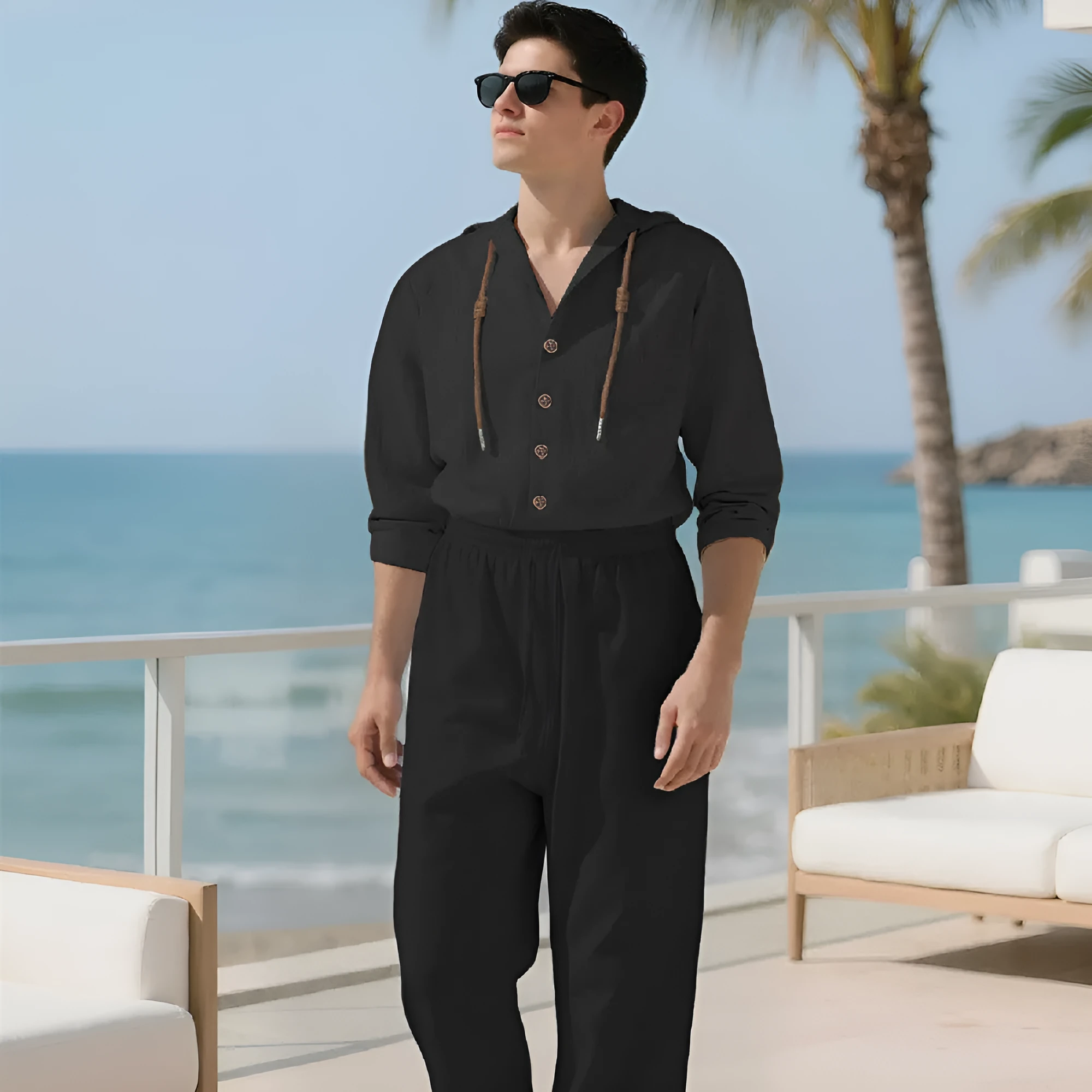 Men's grey cotton casual sports suit showing long sleeve top and trousers laid flat.