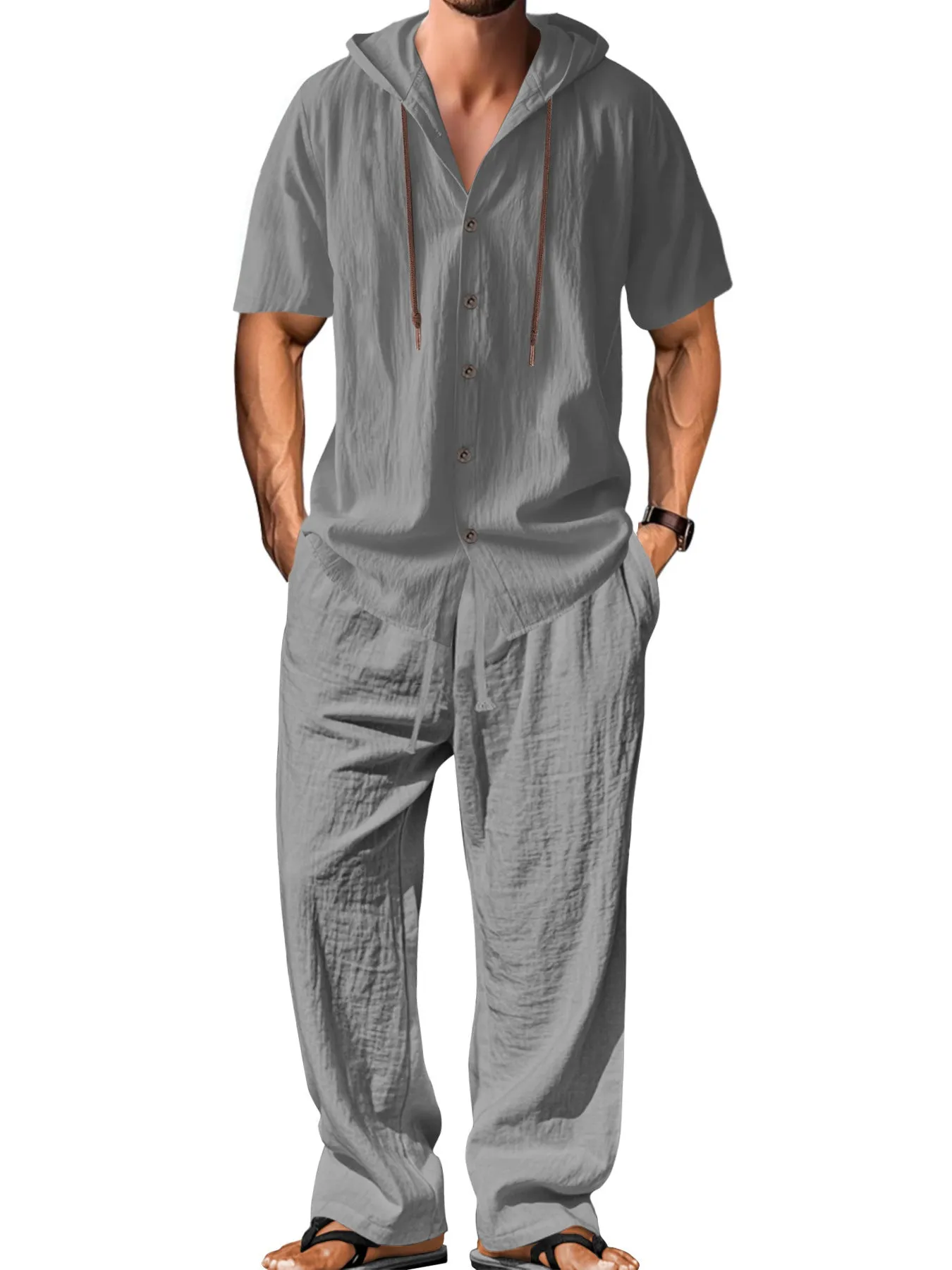 Men's grey cotton casual sports suit showing long sleeve top and trousers laid flat.