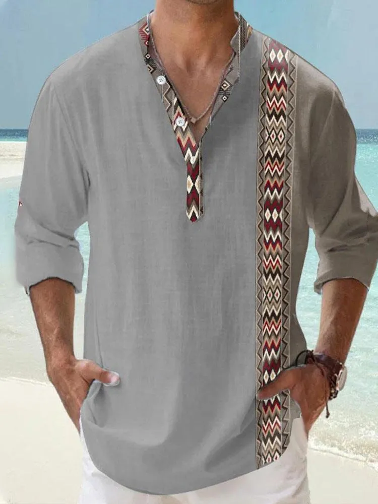 A lilac thin striped long sleeve shirt with a digital bamboo linen pattern, shown in a cardigan style.