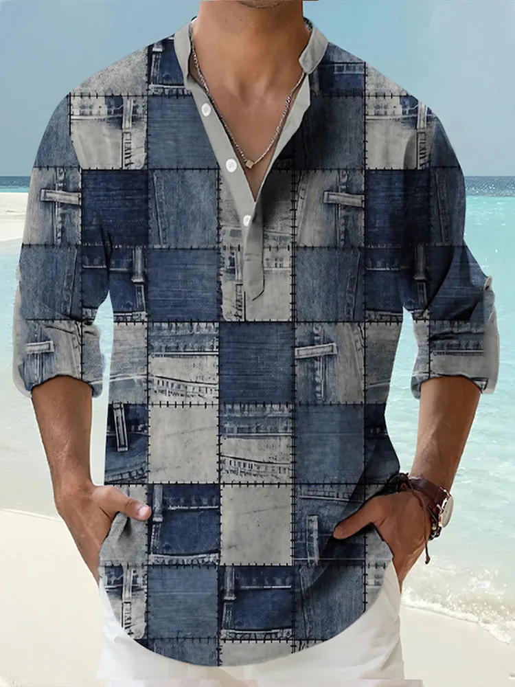 A lilac thin striped long sleeve shirt with a digital bamboo linen pattern, shown in a cardigan style.