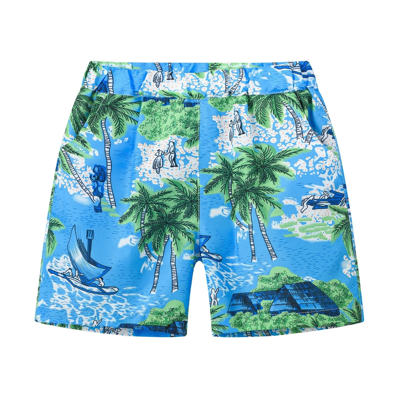 Multi-colour printed beach shorts with elastic waist for children on a summer background