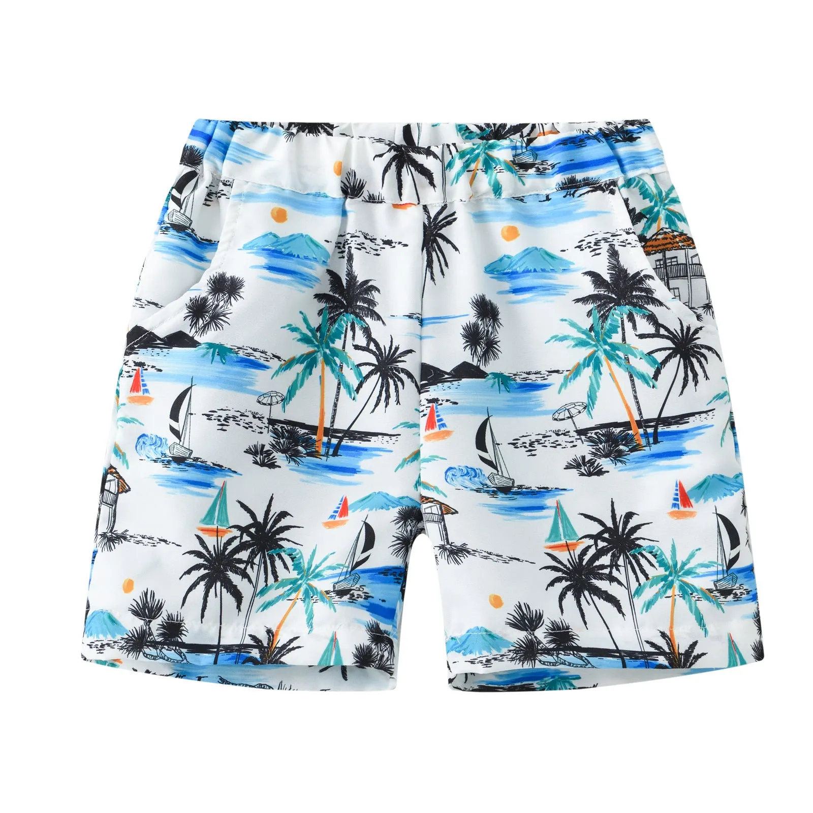 Multi-colour printed beach shorts with elastic waist for children on a summer background