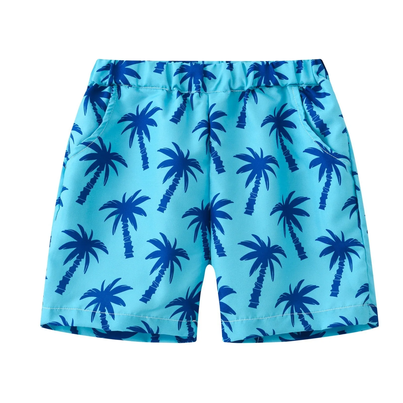 Multi-colour printed beach shorts with elastic waist for children on a summer background