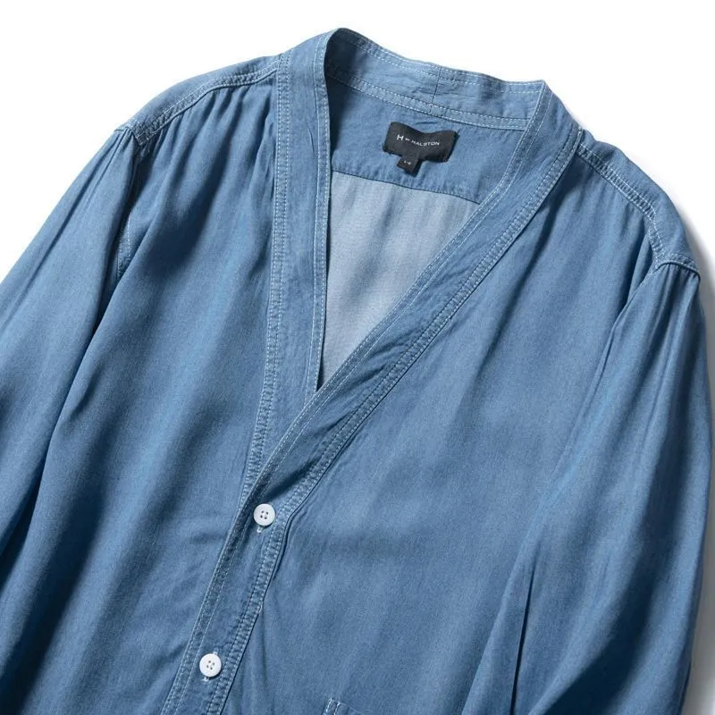 Men's dark blue casual denim coat with three-quarter sleeves and a V-neck collar.