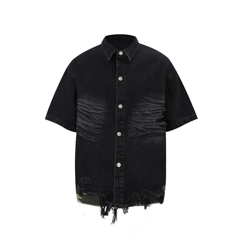 Black denim short sleeve suit with cut-edge stitching and leopard print, including top and shorts.