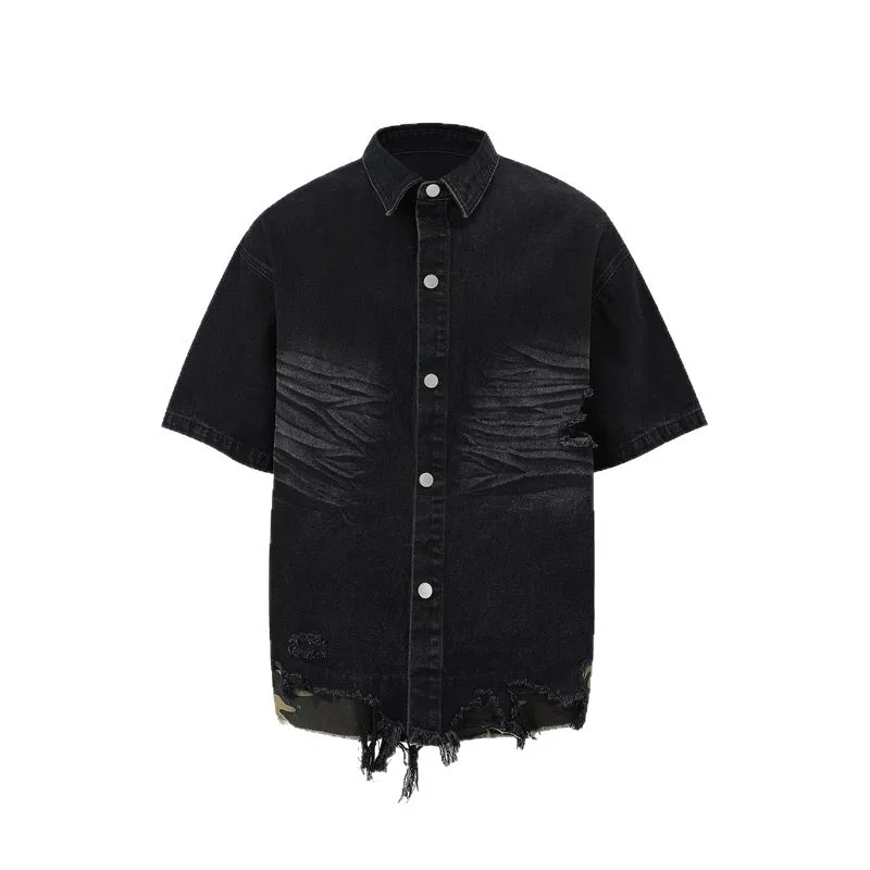 Black denim short sleeve suit with cut-edge stitching and leopard print, including top and shorts.