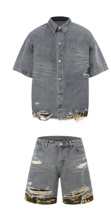 Black denim short sleeve suit with cut-edge stitching and leopard print, including top and shorts.