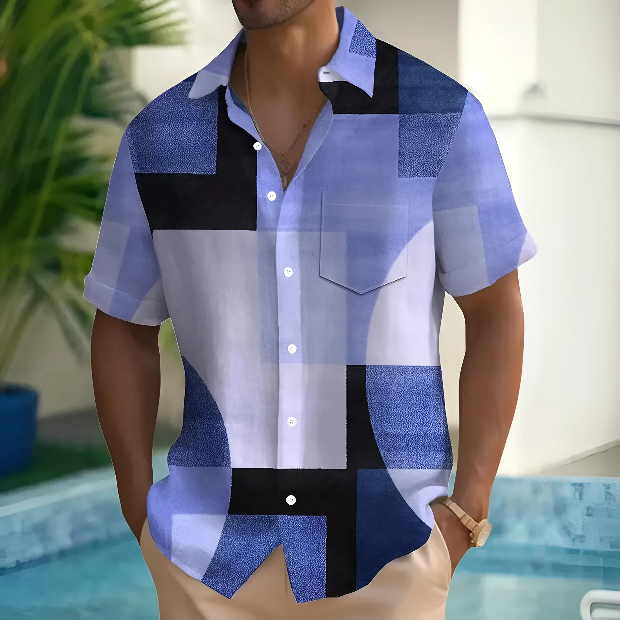 Men's geometric print cardigan shirt with 3D contrast squares in loose fit short sleeve design