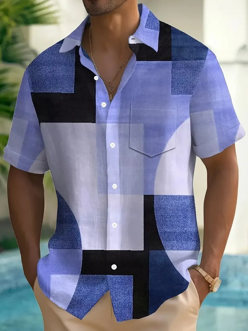 Men's geometric print cardigan shirt with 3D contrast squares in loose fit short sleeve design
