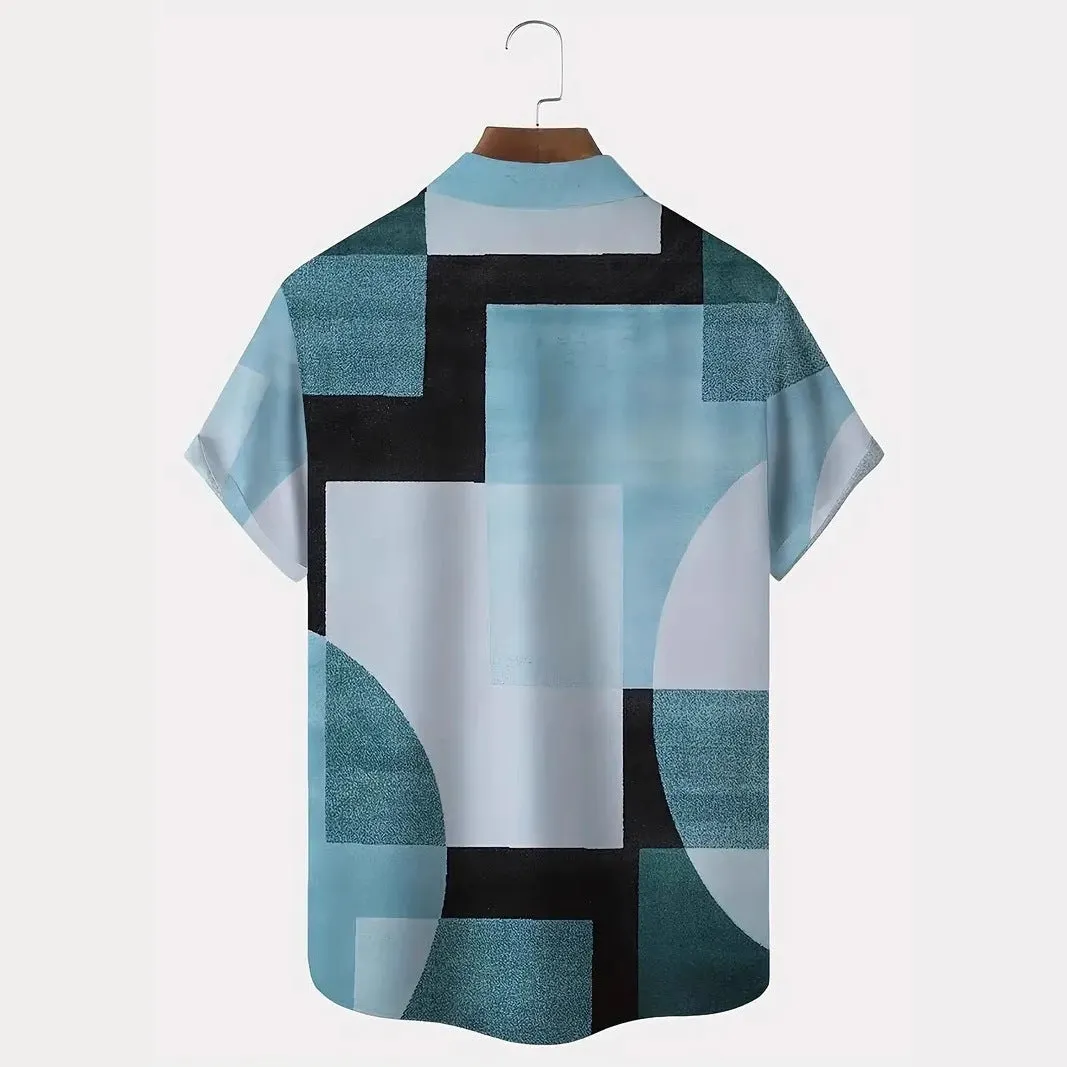 Men's geometric print cardigan shirt with 3D contrast squares in loose fit short sleeve design