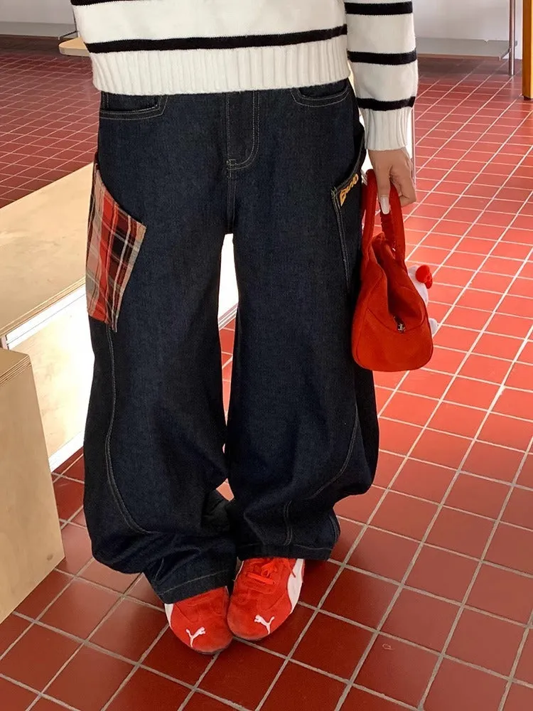 Cotton loose straight-leg plaid pants for spring and autumn casual wear