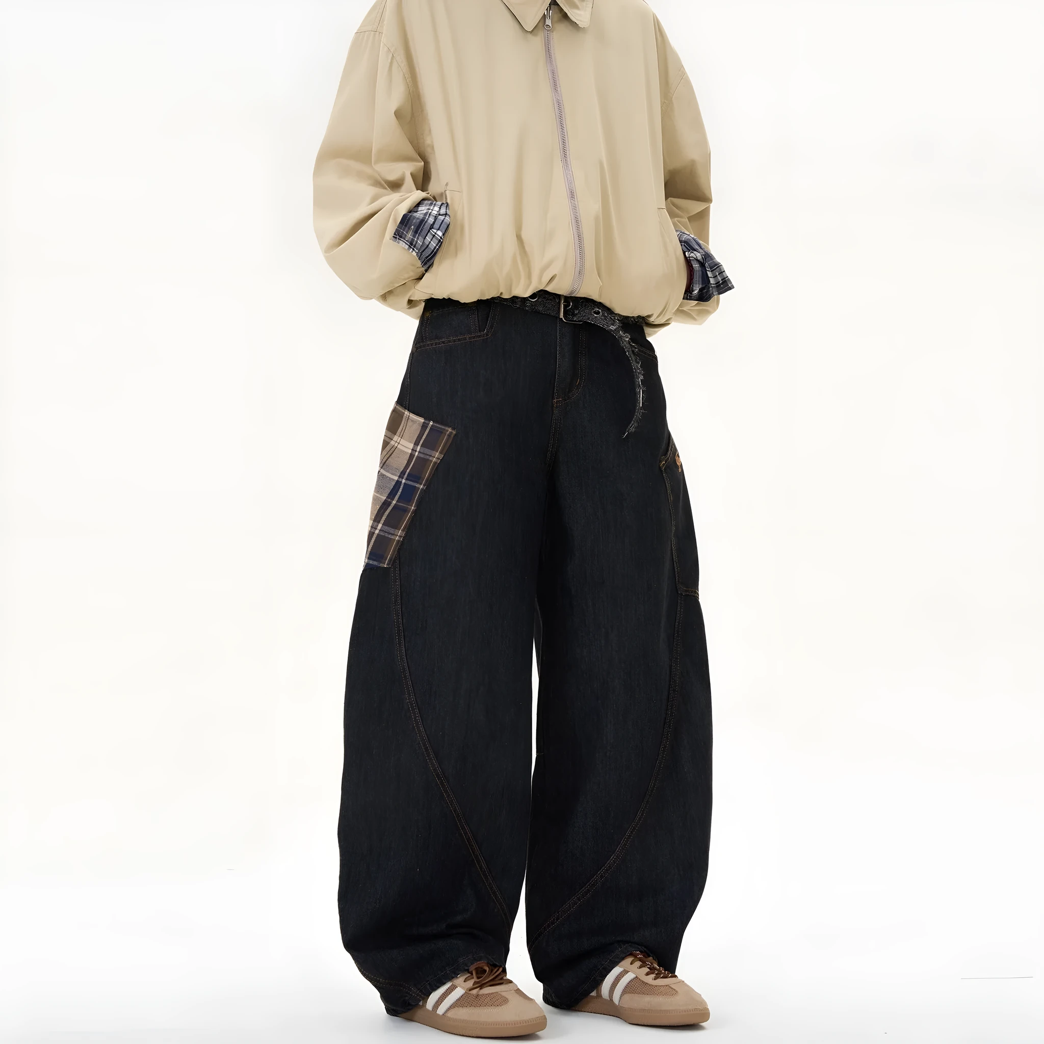 Cotton loose straight-leg plaid pants for spring and autumn casual wear