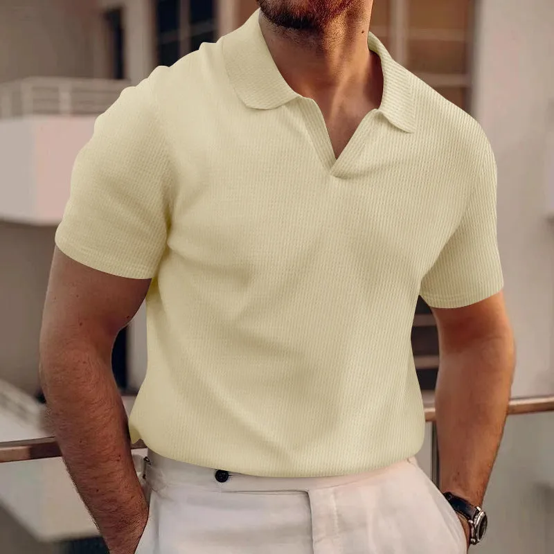 Men's slim-fit lapels t-shirt in heavy waffle texture, shown in blue.