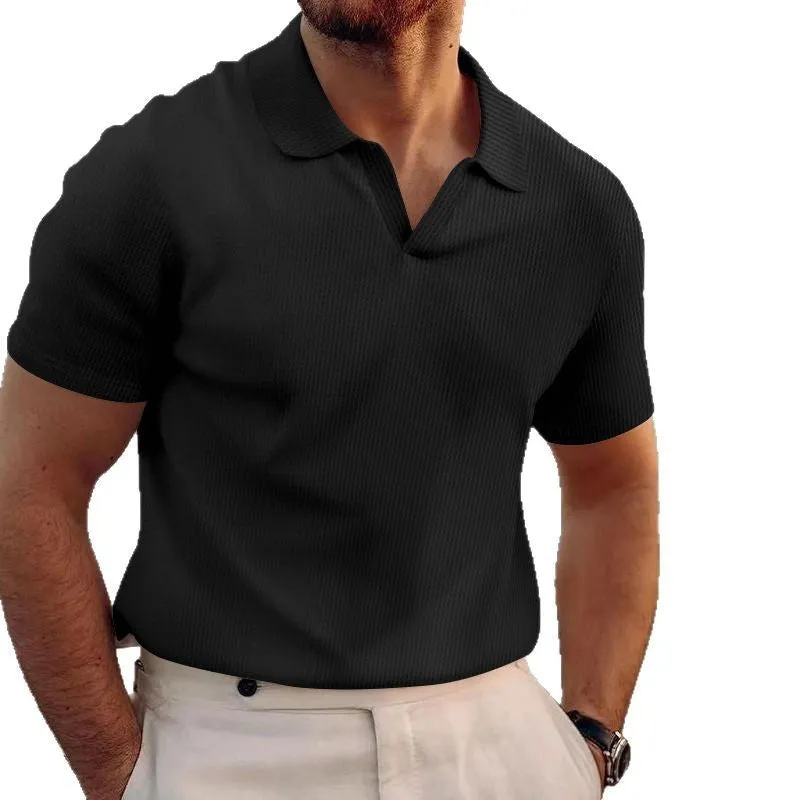 Men's slim-fit lapels t-shirt in heavy waffle texture, shown in blue.
