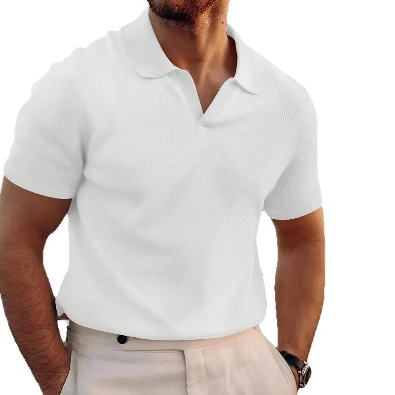 Men's slim-fit lapels t-shirt in heavy waffle texture, shown in blue.