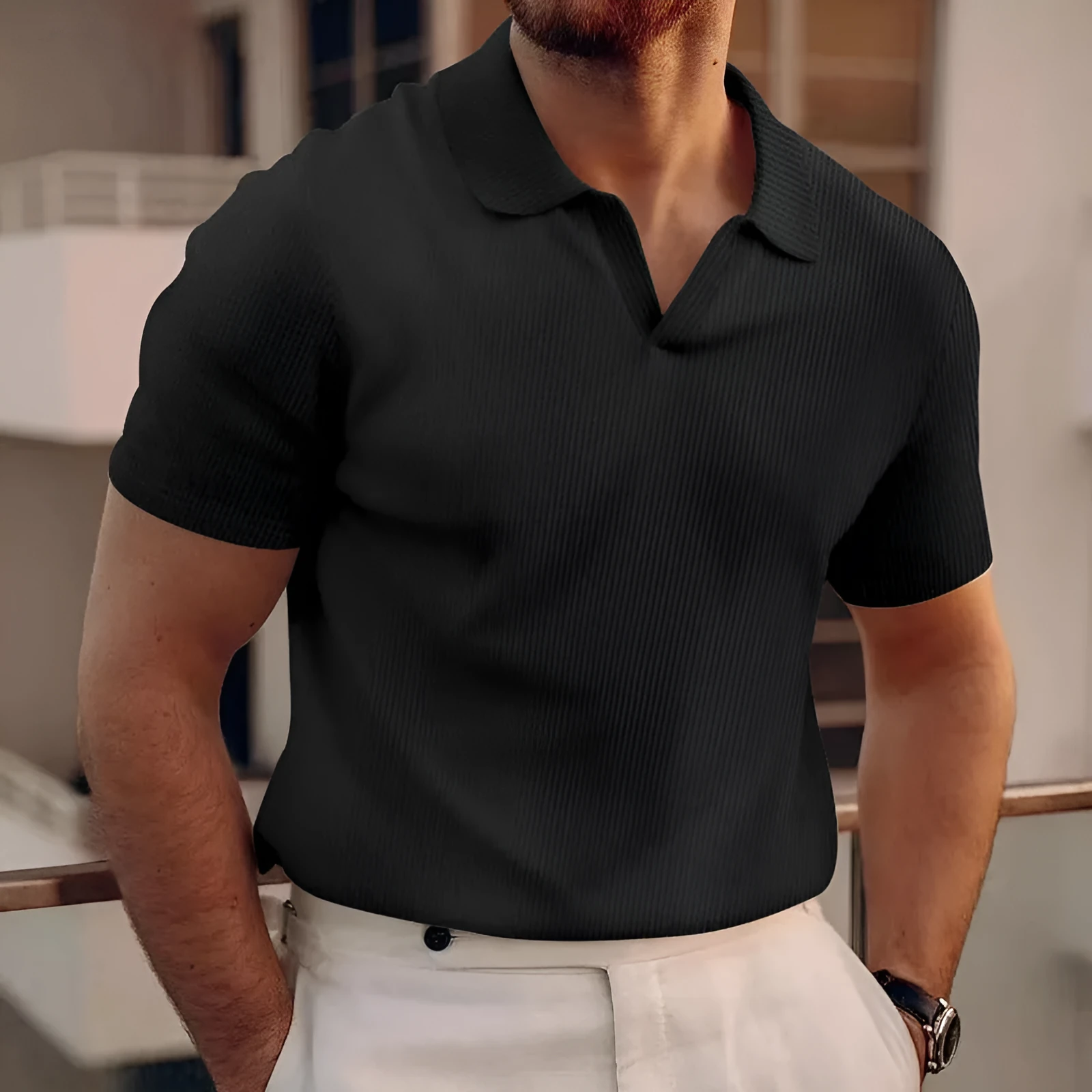 Men's slim-fit lapels t-shirt in heavy waffle texture, shown in blue.
