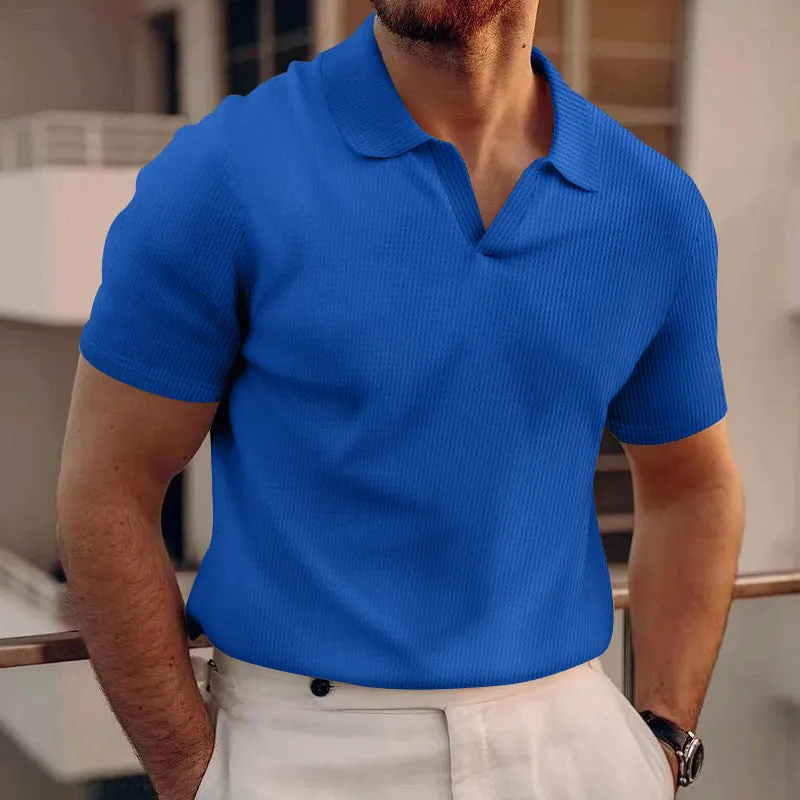 Men's slim-fit lapels t-shirt in heavy waffle texture, shown in blue.