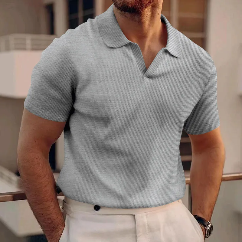 Men's slim-fit lapels t-shirt in heavy waffle texture, shown in blue.