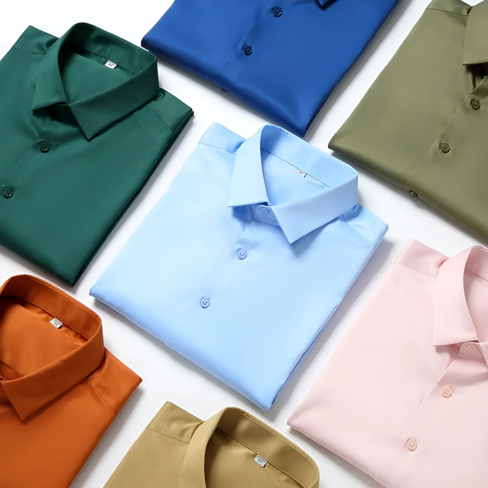Men's solid colour long-sleeved shirt in a loose, non-ironing polyester and spandex fabric.
