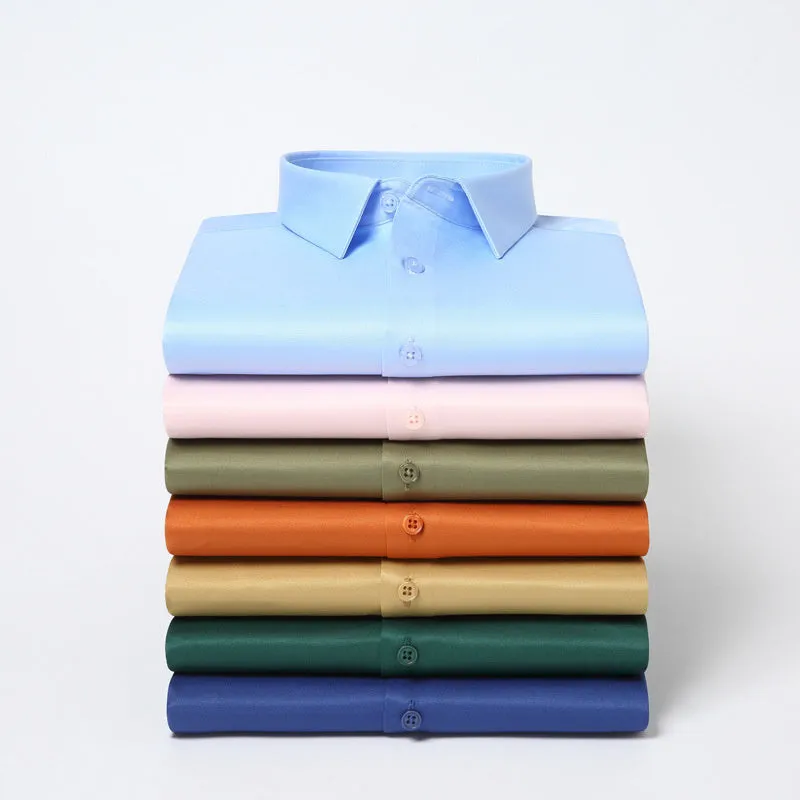 Men's solid colour long-sleeved shirt in a loose, non-ironing polyester and spandex fabric.