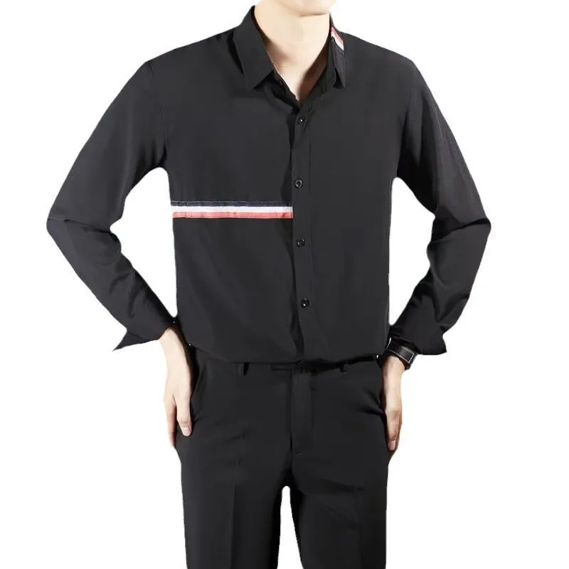 Hong Kong style loose-fit cotton blend cardigan shirt in light blue, showing non-ironing casual design.