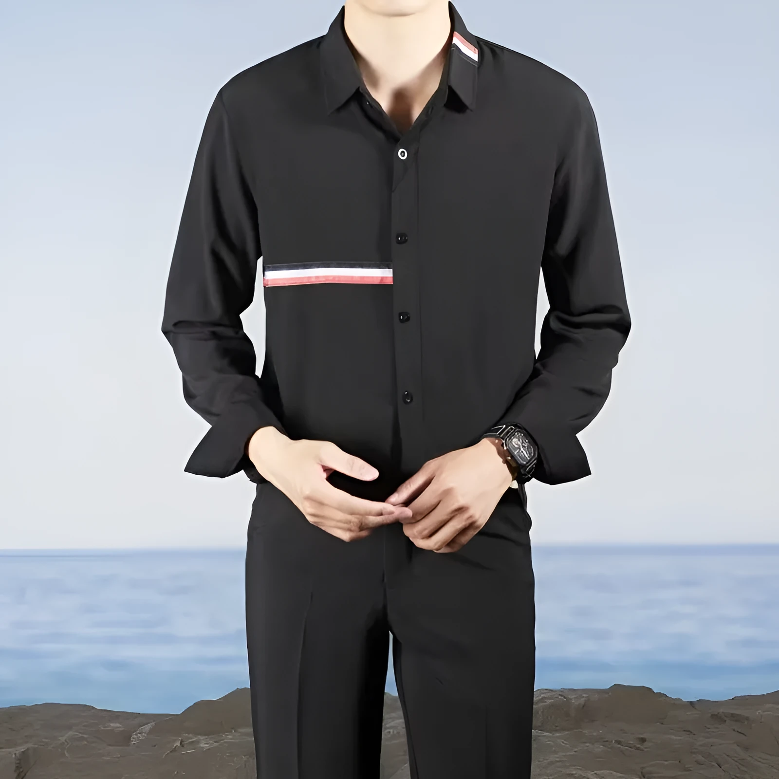 Hong Kong style loose-fit cotton blend cardigan shirt in light blue, showing non-ironing casual design.